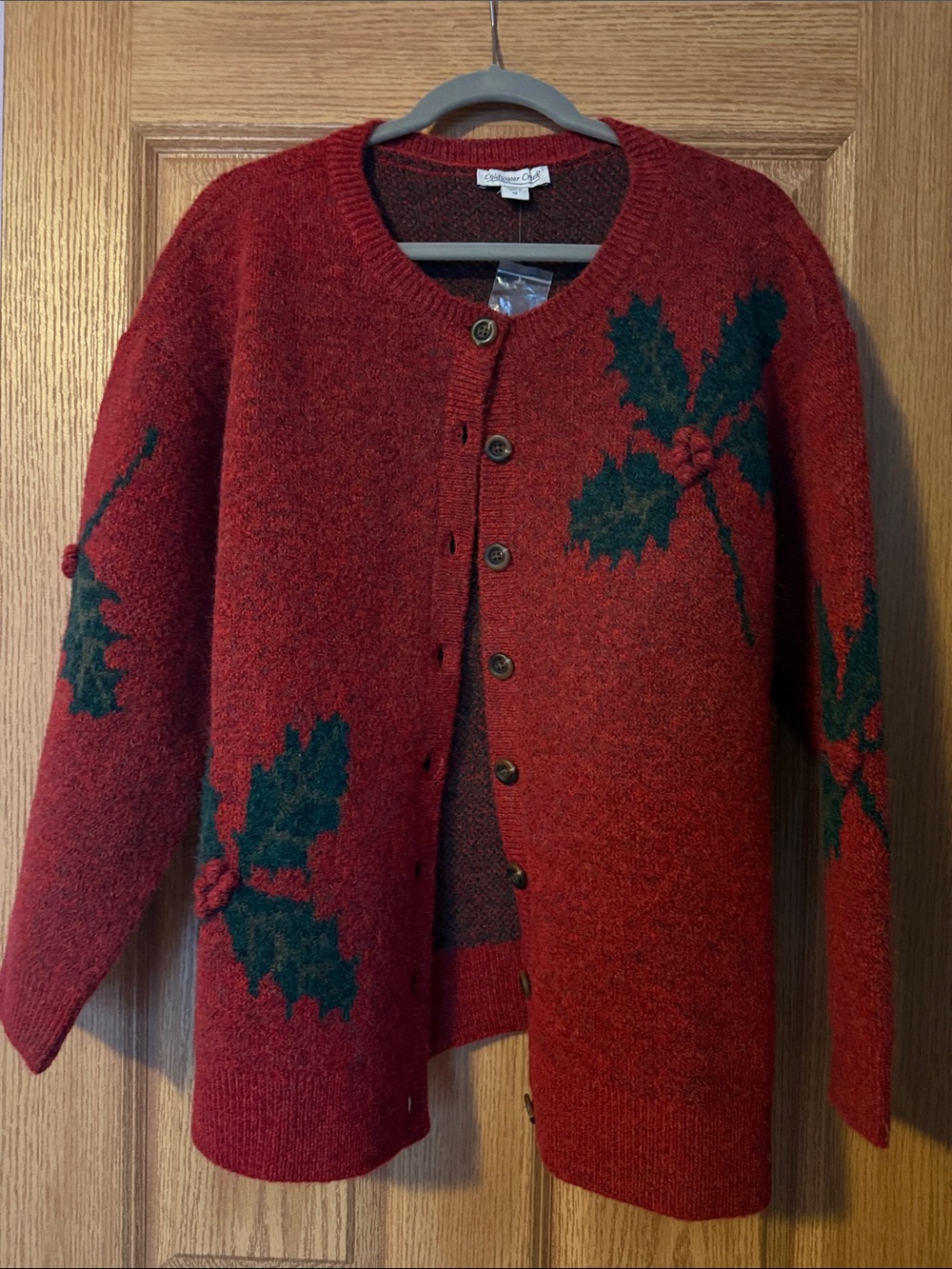 Coldwater Creek Red Cardigan with Green Holly Accents